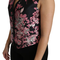 Black Pink Floral Waistcoat Vest Blouse Top