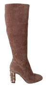 Beige Suede Leather Crystal Boots