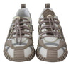 Beige White Leather Logo Print Mens Sneakers