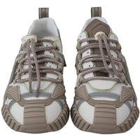 Beige White Leather Logo Print Mens Sneakers
