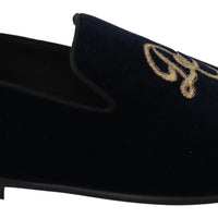 Blue Velvet Gold Logo Slipper Loafers Shoes