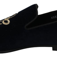 Blue Velvet Gold Logo Slipper Loafers Shoes