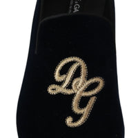 Blue Velvet Gold Logo Slipper Loafers Shoes