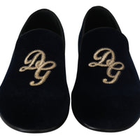 Blue Velvet Gold Logo Slipper Loafers Shoes