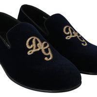 Blue Velvet Gold Logo Slipper Loafers Shoes