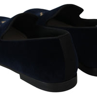 Blue Velvet Gold Logo Slipper Loafers Shoes