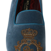 Blue Velvet Gold Crown Flats Loafers Shoes