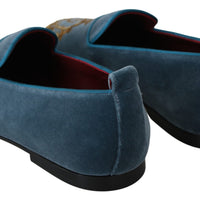 Blue Velvet Gold Crown Flats Loafers Shoes