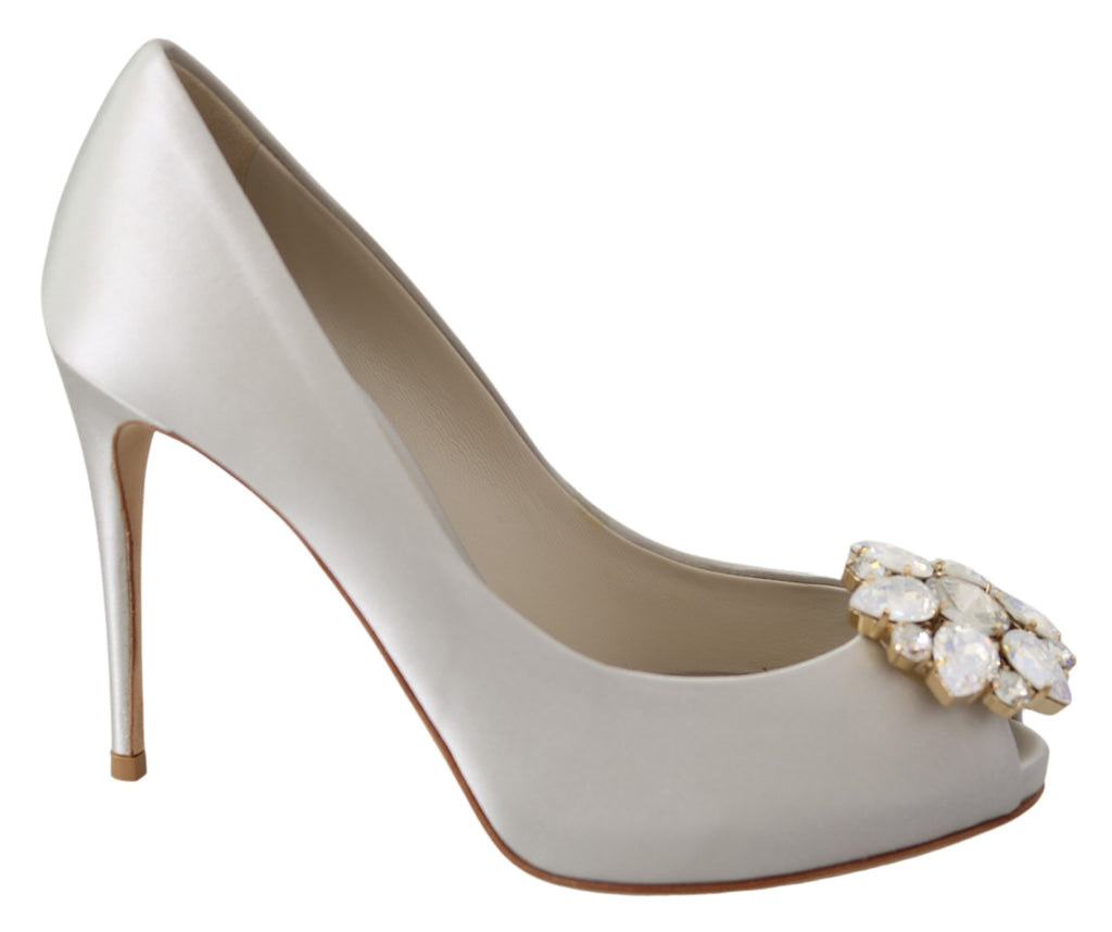 White Crystals Peep Toe Heels Satin Pumps Shoes