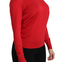 Red Crewneck Pullover Top Silk Sweater