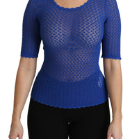 Blue See Through Round Neck Top Viscose Blouse