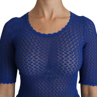 Blue See Through Round Neck Top Viscose Blouse