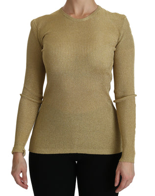 Gold Crew Neck Long Sleeve Top Viscose Blouse