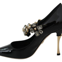 Black Leather Crystal Mary Jane Pumps Shoes