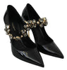Black Leather Crystal Mary Jane Pumps Shoes