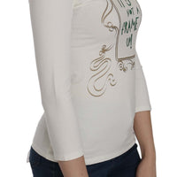 White Printed Turtle Neck 3/4 Sleeve Top Cotton Blouse