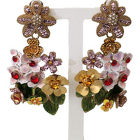Gold Crystal Floral Filigree Bouquet Dangling Clip-on Earrings