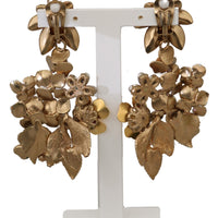 Gold Crystal Floral Filigree Bouquet Dangling Clip-on Earrings