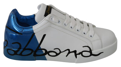 White Blue Leather Logo Print Mens Sneakers Shoes
