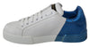 White Blue Leather Logo Print Mens Sneakers Shoes