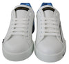 White Blue Leather Logo Print Mens Sneakers Shoes