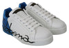 White Blue Leather Logo Print Mens Sneakers Shoes