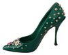 Green Floral Crystal Leather Pumps Shoes