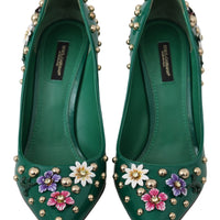 Green Floral Crystal Leather Pumps Shoes