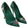 Green Floral Crystal Leather Pumps Shoes