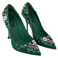 Green Floral Crystal Leather Pumps Shoes