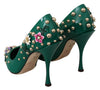 Green Floral Crystal Leather Pumps Shoes