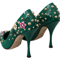 Green Floral Crystal Leather Pumps Shoes