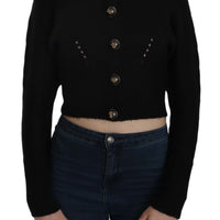 Black Button Embellish Crop Cardigan Sweater