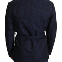 Blue Floral Jacquard Belted Robe Coat Blazer