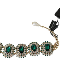 Green Crystal STRASS Motive Gold Brass Pearl  Necklace