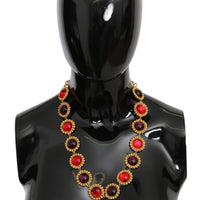 Red Purple Crystal Floral Chain Statement Gold Brass Necklace