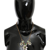 Gold Brass Sacred Heart LILIUM Green Crystal Floral Necklace