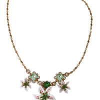 Gold Brass Sacred Heart LILIUM Green Crystal Floral Necklace