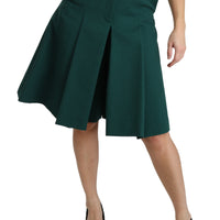 Green Pleated A-line High Waist Cotton  Skirt