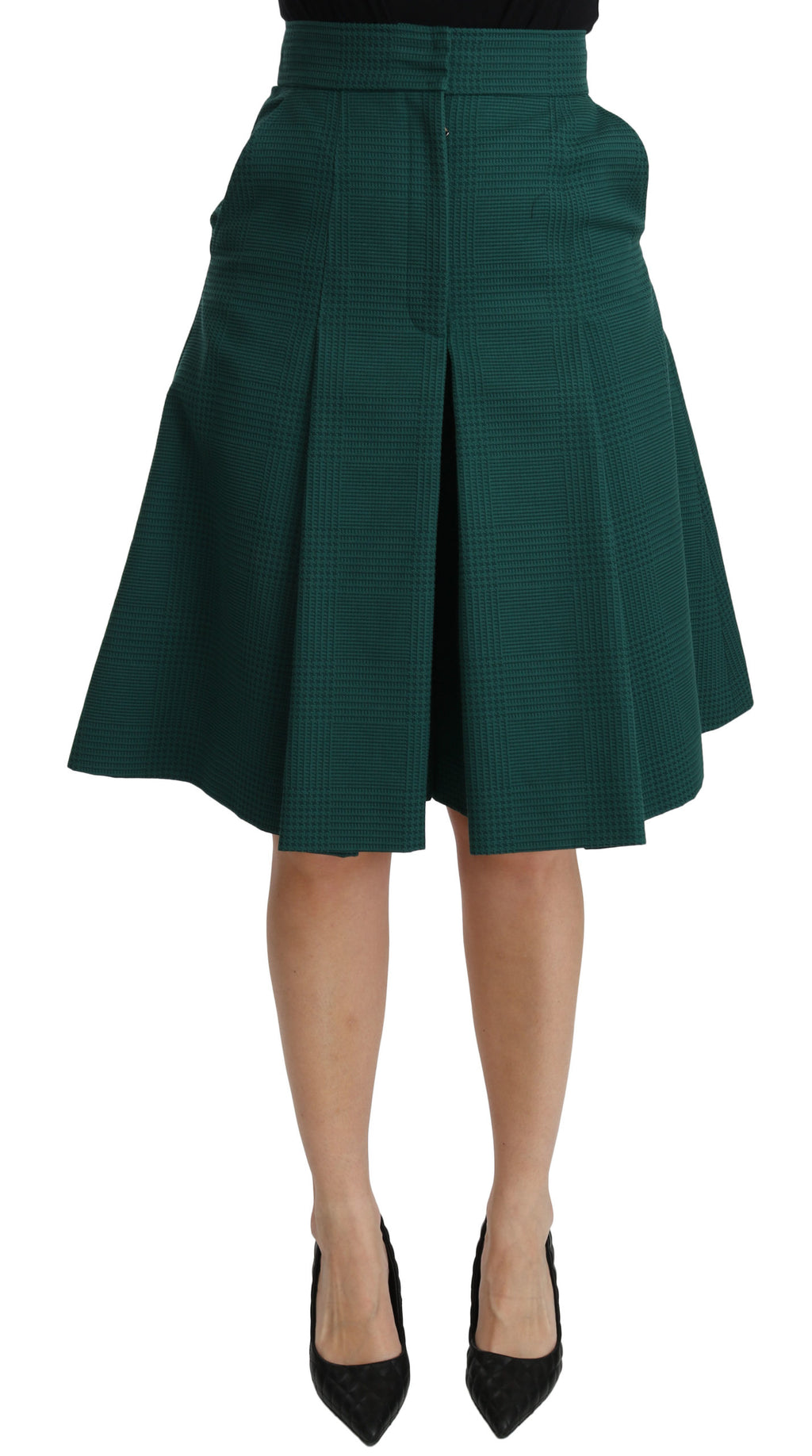 Green Pleated A-line High Waist Cotton  Skirt