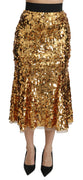 Gold Sequined Shiny High Waist Midi Skirt