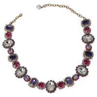 Gold Brass Blue Purple Crystal Floral Chain Necklace