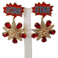 Gold Brass Red STAR Red Clear Crystal Clip-on Dangle Earrings