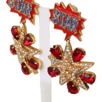 Gold Brass Red STAR Red Clear Crystal Clip-on Dangle Earrings