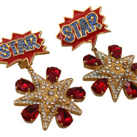 Gold Brass Red STAR Red Clear Crystal Clip-on Dangle Earrings