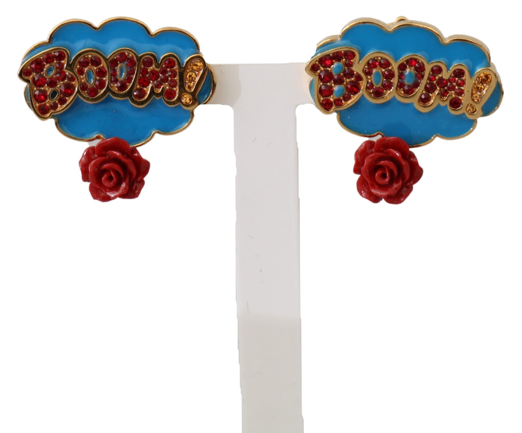 Gold Brass BOOM Red Rose Crystal Clip-On  Earrings