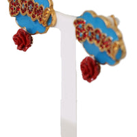 Gold Brass BOOM Red Rose Crystal Clip-On  Earrings