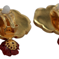 Gold Brass BOOM Red Rose Crystal Clip-On  Earrings