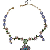 Blue Floral Crystal Charm Gold Chain Green Necklace