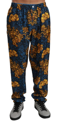 Blue Yellow Baroque Trousers Silk Pants